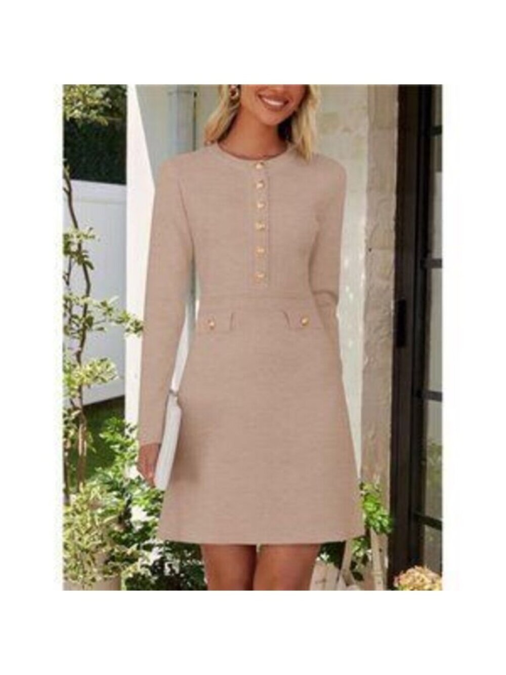 Women's Crew Neck Bodycon Sweater Dress Long Sleeve Button Mini Dress - Picture 2 of 4